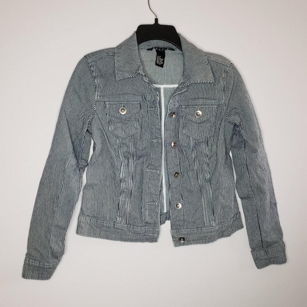 NWOT Vintage Baccini Navy blue Striped Jean Denim Jacket Women's Small Stretch